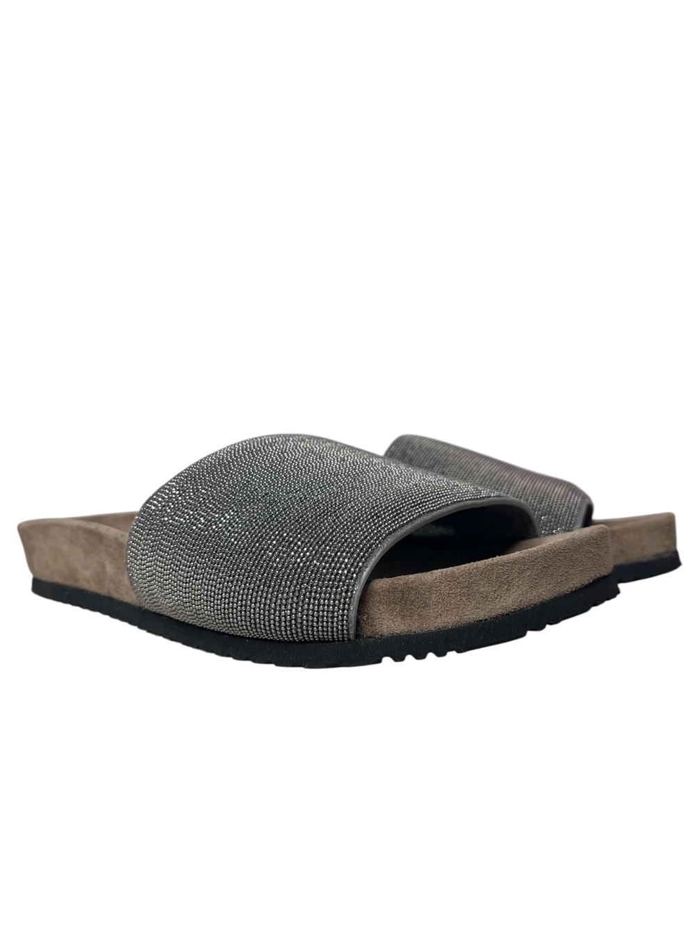 NIB Brunello Cucinelli Precious Monili Suede Slide Sandal Silver/Tan